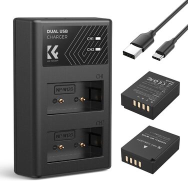 Акумулятор K&F Concept NP-W126 (2 шт.) з зарядним пристроєм Dual-Slot, 1300mAh для Fujifilm XM5, X100VI, X100V, X100F, XS10, XT30, XT30 II, XT20, XE4, A5, X-E1, E2, E3