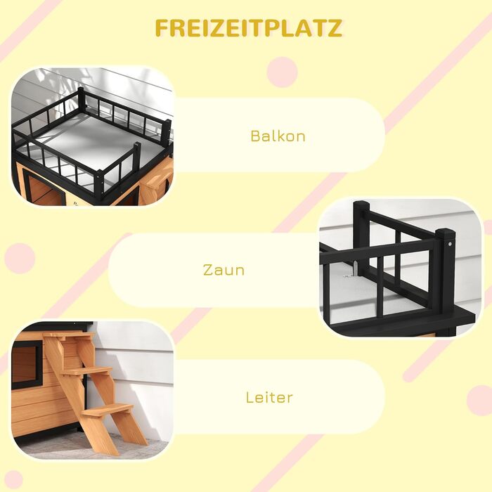 Павгут Будинок для собак з балконом, піднятий будиночок для дрібних тварин з сходами, вікно, печеринка для собак, для маленьких та середніх собак, сосна, жовтий, 121 x 77 x 78 см