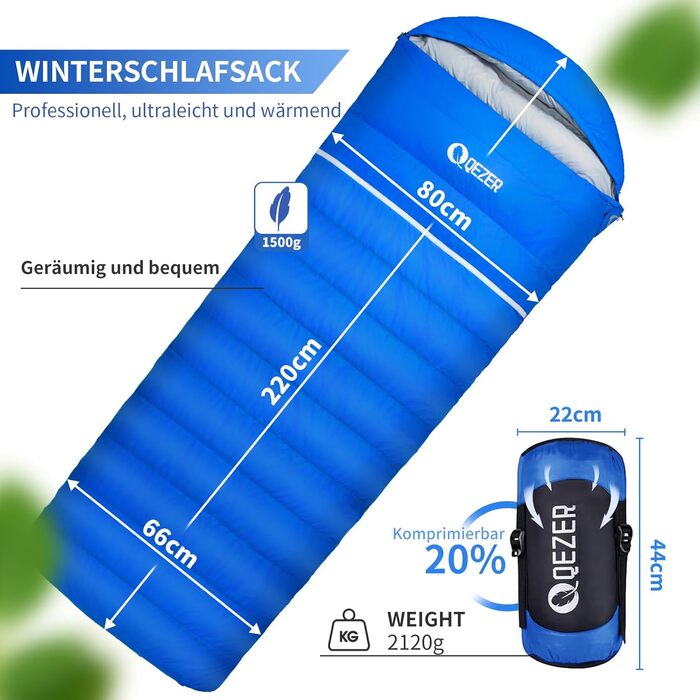 Сплячий мішок Daunenschlafsack: 4-сезонний, зимовий, від -3°C до -20°C. Підходить для кемпінгу, походів та відпочинку на природі для дорослих та дітей. Колір: небесно-блакитний. Діапазон температур: -3°C до -12°C (небесно-блакитний -8°C до -18°C)