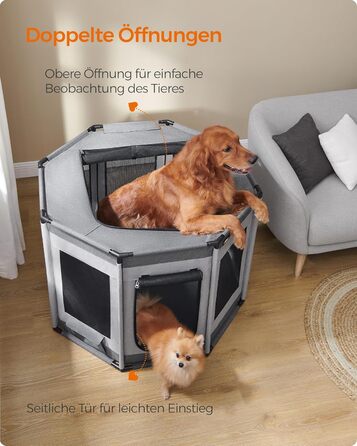 Клітка-вольєр для цуценят Feandrea Oxford, восьмикутна, XL, 112 x 112 x 76 см, з PVC-каркасом та дихаючою сіткою, з кишенею, сіро-сіра, PDC006G01 XL