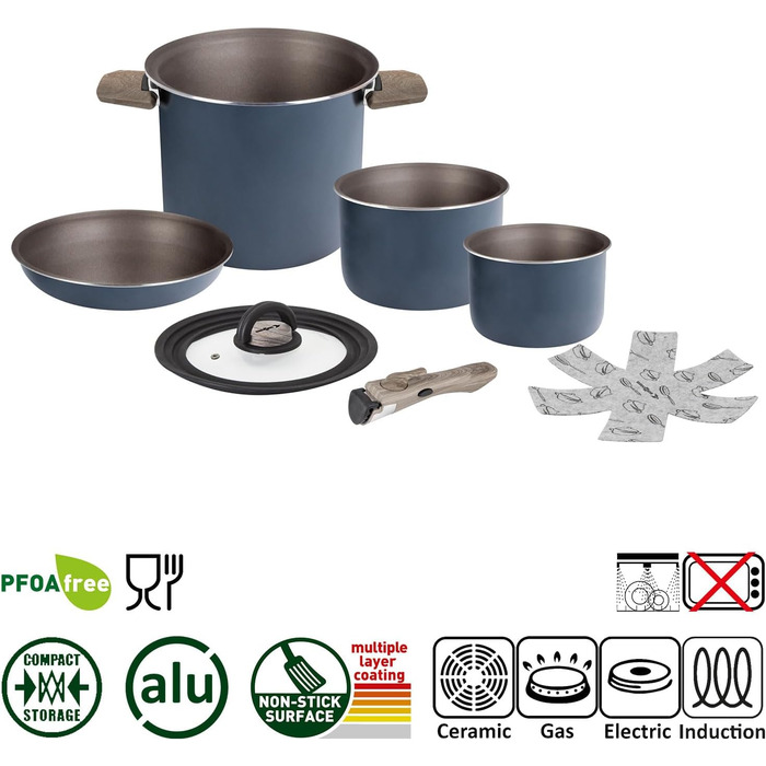 Набір кухонного посуду Brunner Camping HOHES Alu (каструлі та сковорідки) для 2-4 особи. Легкий, покритий, високоякісний, стакесний. Діаметр 18, 20, 22 см. Vakublock.
