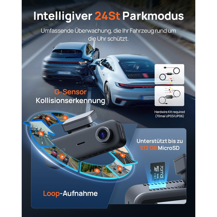 Автомобільний відеореєстратор 70mai T800E 4K 3-канальний (передній, внутрішній, задній) з HDR, ІЧ-нічним баченням, GPS, WiFi 6 та карткою пам'яті 64GB