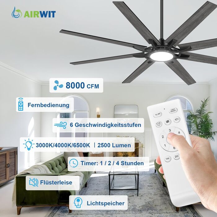 Стельовий вентилятор Airwit 183 см з підсвіткою та пультом керування, великий безшумний вентилятор у стилі індустріал для вітальні, спальні та тераси, чорний/темне дерево