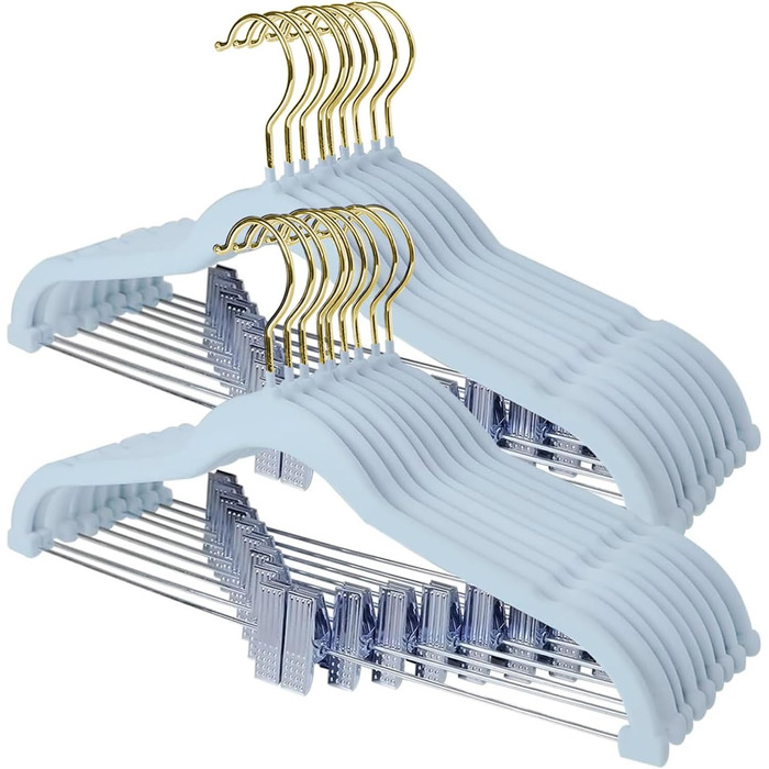 Набір вішалок для одягу Stormix 24 шт. з кліпсами, 42 см, для штанів, спідниць, суконь, курток, пальто (рожево-золоті гачки)