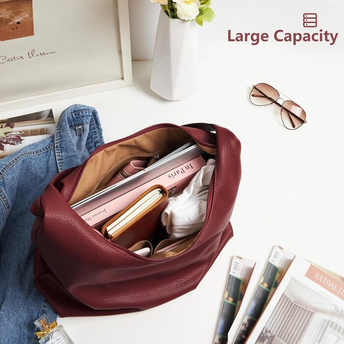 Сумка жіноча KALIDI Shopper з PU шкіри, велика, вінтажна Hobo сумка через плече, бордового кольору для роботи, навчання, повсякденного використання