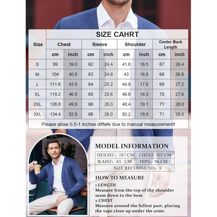 Чоловічий в'язаний кардиган COOFANDY з V-подібним вирізом, повсякденний, легкий, на ґудзиках, синій (M)