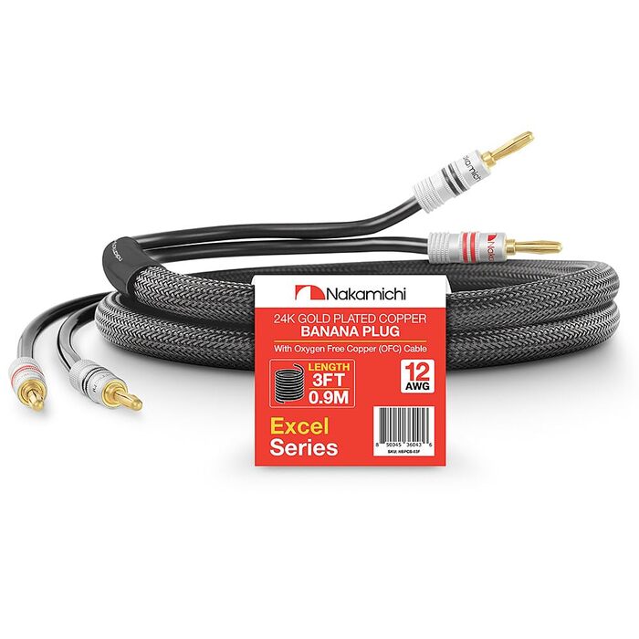 Nakamichi Бананові штекери 24K позолочені для акустичних кабелів 12AWG (0.9м) OFC, чорні - для домашнього кінотеатру та підсилювачів