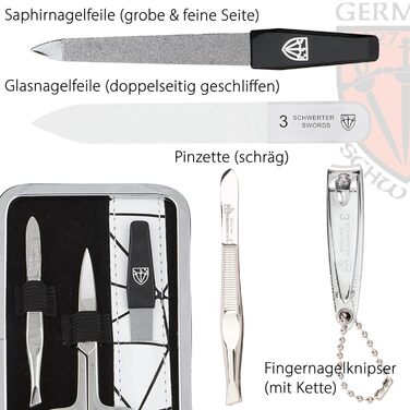 Набір для манікюру DREI SCHWERTER 'Genova' 6 предметів | Німецька якість | Чорний кейс з екошкіри | В комплекті: ножиці, щипці, кусачки, скляний наперсток, пінцет, алмазний наперсток