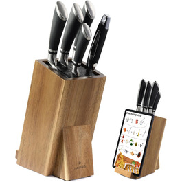 Navaris Knife Block with Smartphone and Tablet Holder - Knife Block without Knives - Multifunctional Kitchen Knife Block Made of Durable Acacia Wood - Washable Bristles