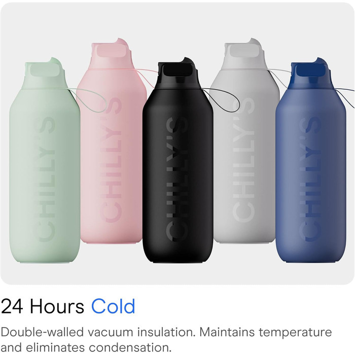 Chilly's Series 2 Flip Bottle - Thermos flask with sport cap, telescopic straw, and nylon carry loop - stainless steel bottle with easy flip opening, straw cleaning brush included
