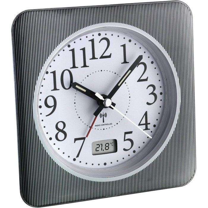 TFA Dostmann 60.1502.10 Analog Radio Alarm Clock with Digital Temperature Display, Plastic, Black and White, L 120 x W 51 x H 120 mm