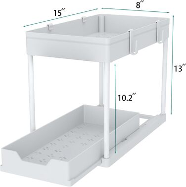 DEKAVA Kitchen Organizer, 2 Under Sink Shelf, Closet Kitchen Organizer with 4 Hooks, Closet Basket for Kitchen, Bathroom, Cleaning Supplies, Detergent (White/Opulent Garden)