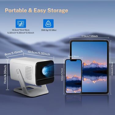Портативний проєктор LYNCAST з Wi-Fi та Bluetooth, Android 11, 1080P/4K, поворотний на 180°, для домашнього кінотеатру та на відкритому повітрі (VisualCube 300 White)