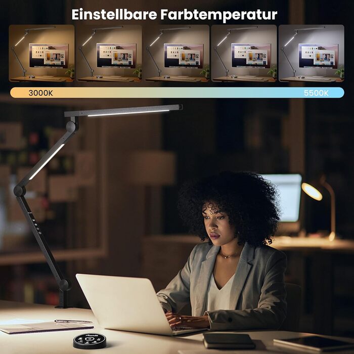 AmazLit Adjustable LED Desk Lamp with Remote - 12W Dual Light Source Architect Lamp, Dimmable & Adjustable Color Temperature Clamp Desk Lamp for Office