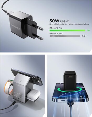 ZEEHOO 3-в-1 зарядний станція для Apple MagSafe: зарядка для iPhone, Apple Watch та AirPods (30W USB-C), сірий