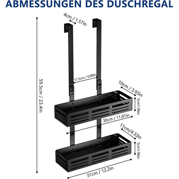Настінна поличка для душу Hawsam з 2 кошиками та 4 гачками, без свердління, чорна