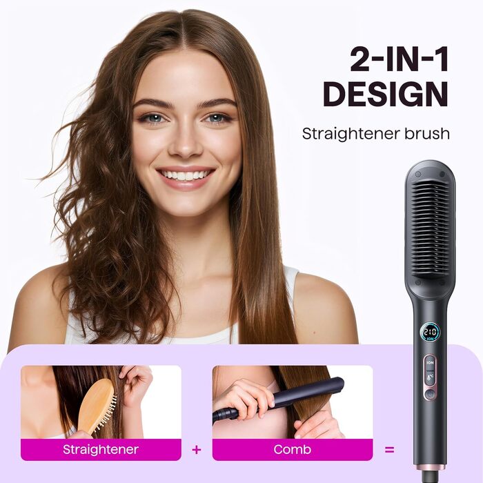 Wavytalk Glättbürсте - Іонна щітка-випрямляч 2 в 1 з LED-дисплеєм. Керамічний випрямляч для волосся з захистом від опіків, для дому та салону. Подвійна напруга (100–240V), EU-штекер, Чорний