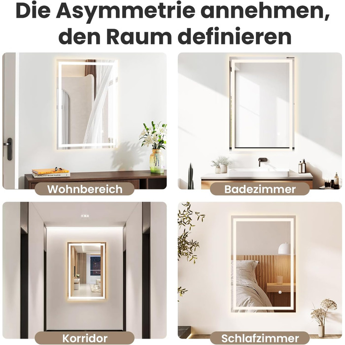 LED дзеркало для ванної кімнати 70x50 см з підсвічуванням | IP54, сенсорне керування, монтаж вертикально/горизонтально, 6500K