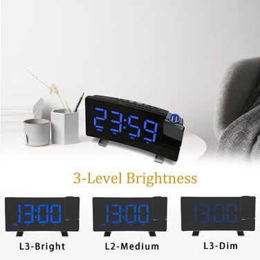 VORRINC Projection Alarm Clock, Digital Alarm Radio with 180° Projection, USB Port, Dual Alarms, Snooze, 12/24H, 3 Projection Brightness with Automatic Dimmer, for Bedroom Ceiling (Blue)