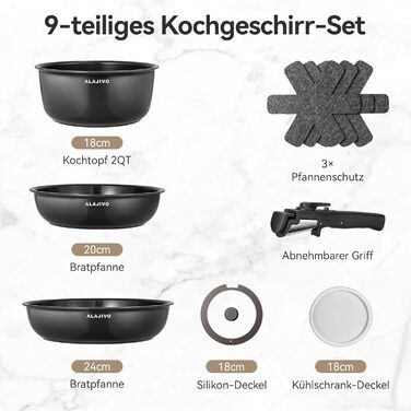 Набір каструль та сковорідок 9-ти частинний з антипригарним покриттям, кераміка, для всіх типів плит, сумісний з духовкою (темно-сірий)