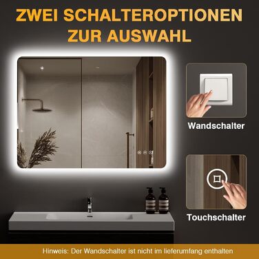Дзеркало для ванної кімнати з підсвічуванням LED, 100x60 см, 3 кольори світла, регулювання яскравості, пам'ять, сенсорне управління, IP44, захист від вологи