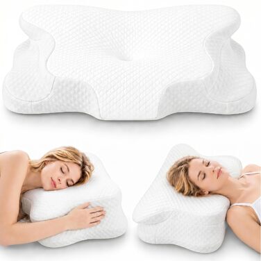 Ергономічна подушка для шиї Flowen з ефектом пам'яті (Memory Foam) від болю в шиї, антихрапіння, для всіх позицій сну, біла, зі знімним чохлом