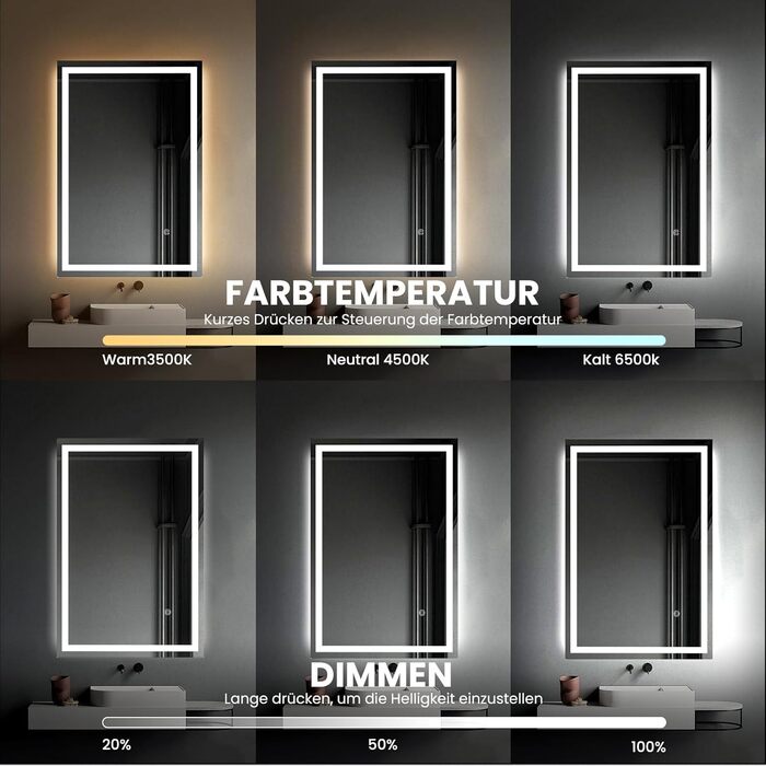 LED дзеркало для ванної кімнати 70x50 см з підсвічуванням | IP54, сенсорне керування, монтаж вертикально/горизонтально, 6500K