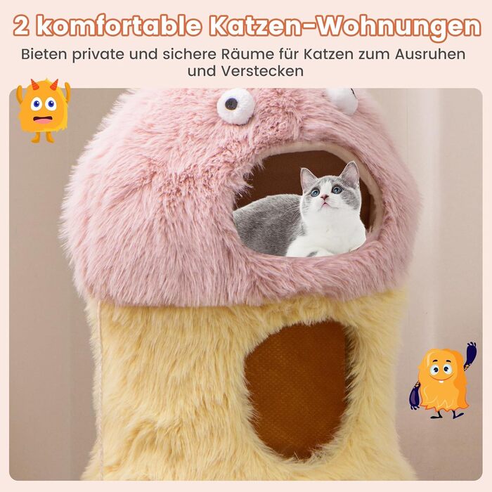 Дерев'яний кігтеточки для котів Costway з будиночками, 93 см, рожево-жовтий, з м'ячем