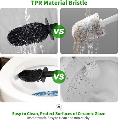 HOMEASY Silicone Toilet Brush Black - Stainless Steel Toilet Brush with Stainless Steel Holder, Flexible Silicone WC Brush Set, Toilet Brush with Holder, Wall Mount (No Drilling) & Stand for Bathroom
