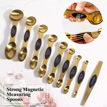13-Piece Gold-Colored Measuring Cup and Spoon Set, 4 Stainless Steel Measuring Cups and 8 Magnetic Measuring Spoons, 1 Leveler for Kitchen, Cooking, and Baking