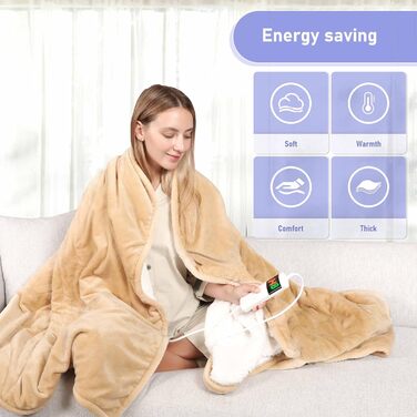 Електрична ковдра Qieryun з автовимкненням, 130x180 см, 10 режимів нагріву, таймер, захист від перегріву, флісова, для дому та офісу (Хакі, 150 x 180 см)