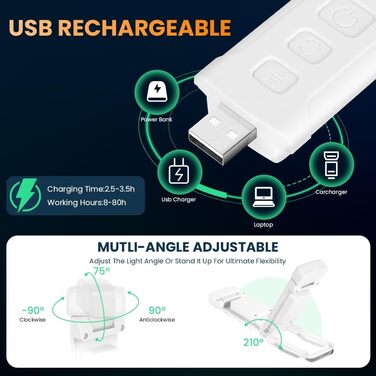 LED-лампа для читання з кліпсою, перезарядна, 3 режими температури кольору, USB, гнучка на 360°, для читання в ліжку, ідеально для книголюбів та дітей