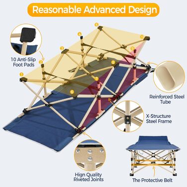 Ліжко гостьове Yaheetech складане для кемпінгу, блакитне, до 150 кг, з бічною кишенею та сумкою для транспортування
