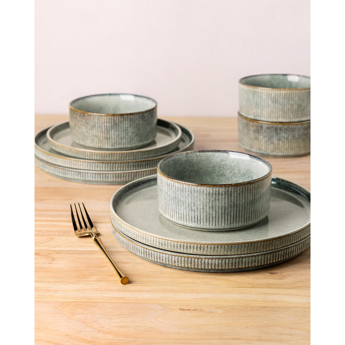 Набір посуду GBhome з реактивної глазурі для 6 осіб (18 предметів), ручна робота, керамічний посуд, безпечний для мікрохвильової печі та посудомийної машини, набір тарілок та мисок, колір Immergrün (Desret Salbei)