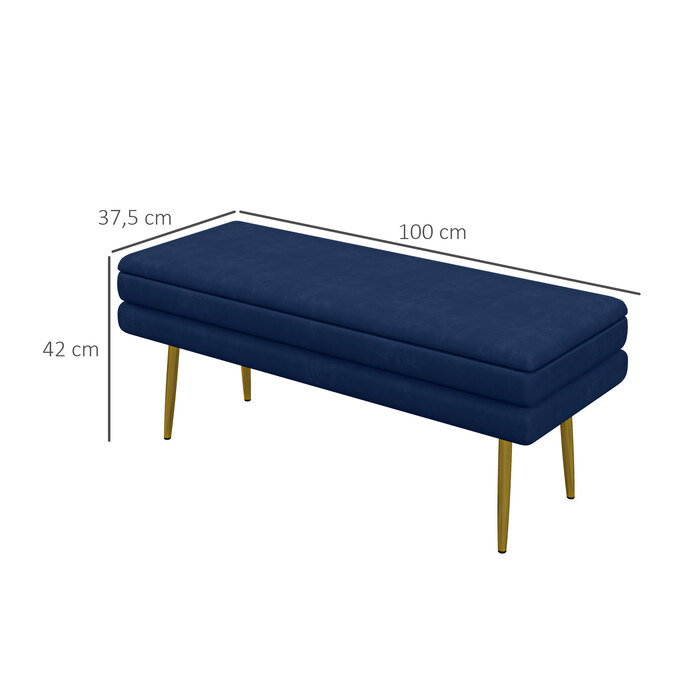 HOMCOM Bench, Upholstered Bench with Storage, Velvet-Look, Bed Bench with Steel Legs, Shoe Bench, Storage Bench for Living Room, Bedroom, Blue, 79.5 x 37.5 x 43 cm | Aosom