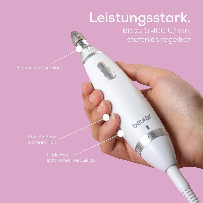 Набір для манікюру та педикюру Beurer MP 62: електрична пилка, 10 насадок, LED, регулювання швидкості, сумка, білий