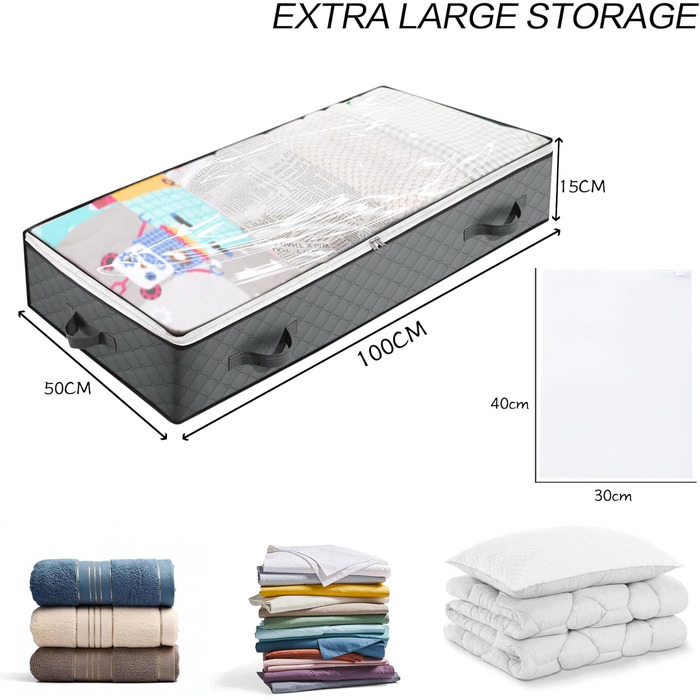 Коробки для зберігання під ліжком, 3 шт. Складані контейнери для білизни з 6 кишенями, органайзер для ліжка з ручками та блискавкою, коробки для одягу та постільної білизни