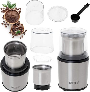 CAMRY CR 4444 Coffee Grinder with Safety Lid, 75g Capacity, 400W, Stainless Steel Housing, Safe Electric Grinder with Spoon, Electric Propeller Grinder with Transparent Lid, Silver
