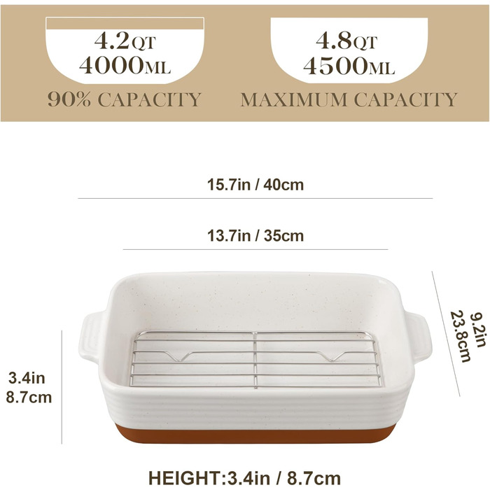 Форма для запікання MALACASA Serie TARA, 4.5л, кераміка, прямокутна, стійка до подряпин | Для лазаньї, тірамісу, запіканок 35*23.8 см (з решіткою)