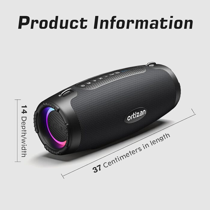 Ortizan Bluetooth колонка портативна 80 Вт, чорна: Водонепроникна IPX7, LED-підсвітка, Power Bank, до 12 год. роботи, Extra Bass