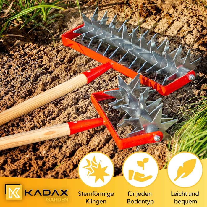 Культиватор для ґрунту KADAX із металу з 12 зірками та дерев'яною ручкою – садова фреза для розпушування землі, газону та видалення бур'янів