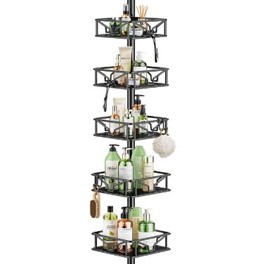 Телескопічна поличка для душу Bomclap з 5 кошиками, кутова, металева, чорна. Регульована висота 106-287 см, без свердління.