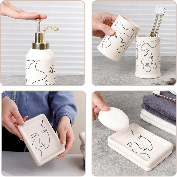 4-Piece Ceramic Bathroom Set, Artistic Line Face Bathroom Accessories Set with Soap Dispenser, Toothbrush Holder, Cup, Soap Dish, Abstract Bathroom Set for Decor, Cream