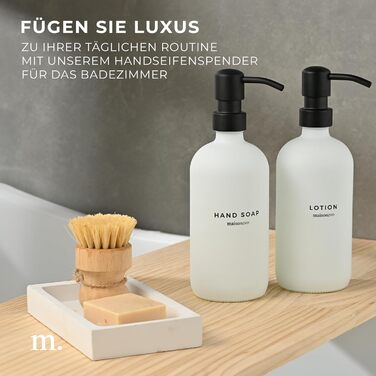 MaisoNovo Soap Dispenser Set - Soap Dispenser Kitchen - 500 ml Amber Bottles, Black Pumps, Glass Pumps Dispenser, Soap Dispenser Set, 2-Piece Set and Concrete Tray - Dish Soap Dispenser Kitchen (White Glass / Black Pump + Rectangular Tray)