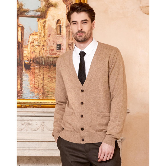 Чоловічий кардиган Kaspin з вовняної суміші, V-подібний виріз, ґудзики та кишені (колір кава, розмір S)