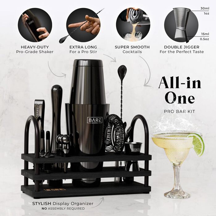 Bare Barrel® Cocktail Shaker Set - 14 Piece Mixology Bar Kit with Boston Shaker, Martini Accessories & Recipe Cards - Home Bartender Set