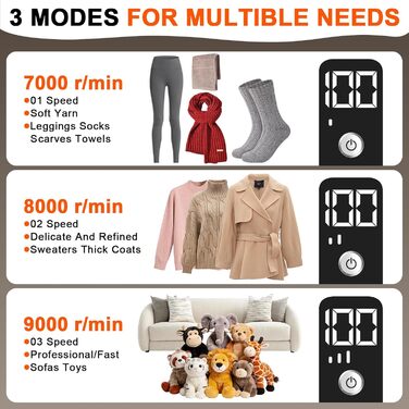 Електричний видалення ворсу 2000mAh, портативний USB-C, з LED-дисплеєм, 3 режими, 6-клинковий насадка, для одягу, килимів, светрів та диванів