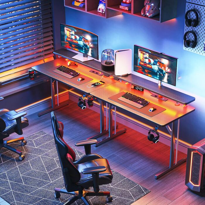 Small LED Gaming Desk with Power Outlets - 80cm Carbon Fiber PC Gamer Table