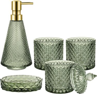Набір аксесуарів для ванної кімнати зі скла, 5 предметів, зелений, вінтажний стиль. Включає: миловарку, 2 склянки, тримач для зубних щіток, миловарку та піднос для мила.