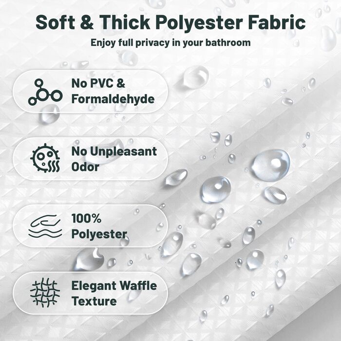 Штора для душу біла 180x180 см, вафельна, з металевими кільцями та гачками, водонепроникна, з утяжеленим краєм